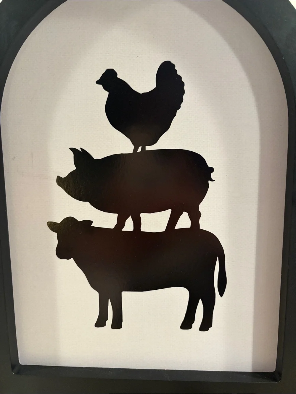 Black Farm Animal Silhouette Arched Wall Art with a Chicken, Pig and Cow.